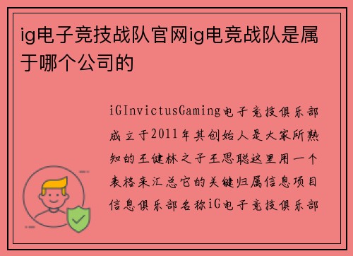 ig电子竞技战队官网ig电竞战队是属于哪个公司的